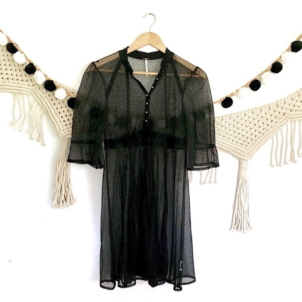 RARE! FP Sheer Dotted Lace Bell Sleeve Babydoll Dress